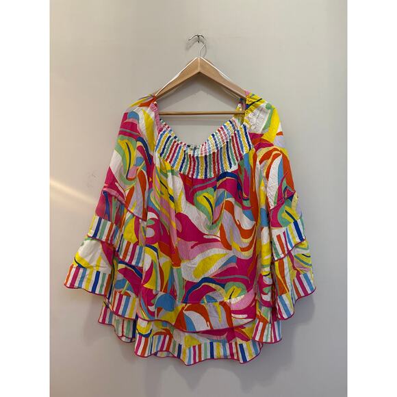 John Mark Abstract Wave Smocked Round Neck 3/4 Bell Sleeve Ruffled Tunic Sz 2X - Picture 2 of 6